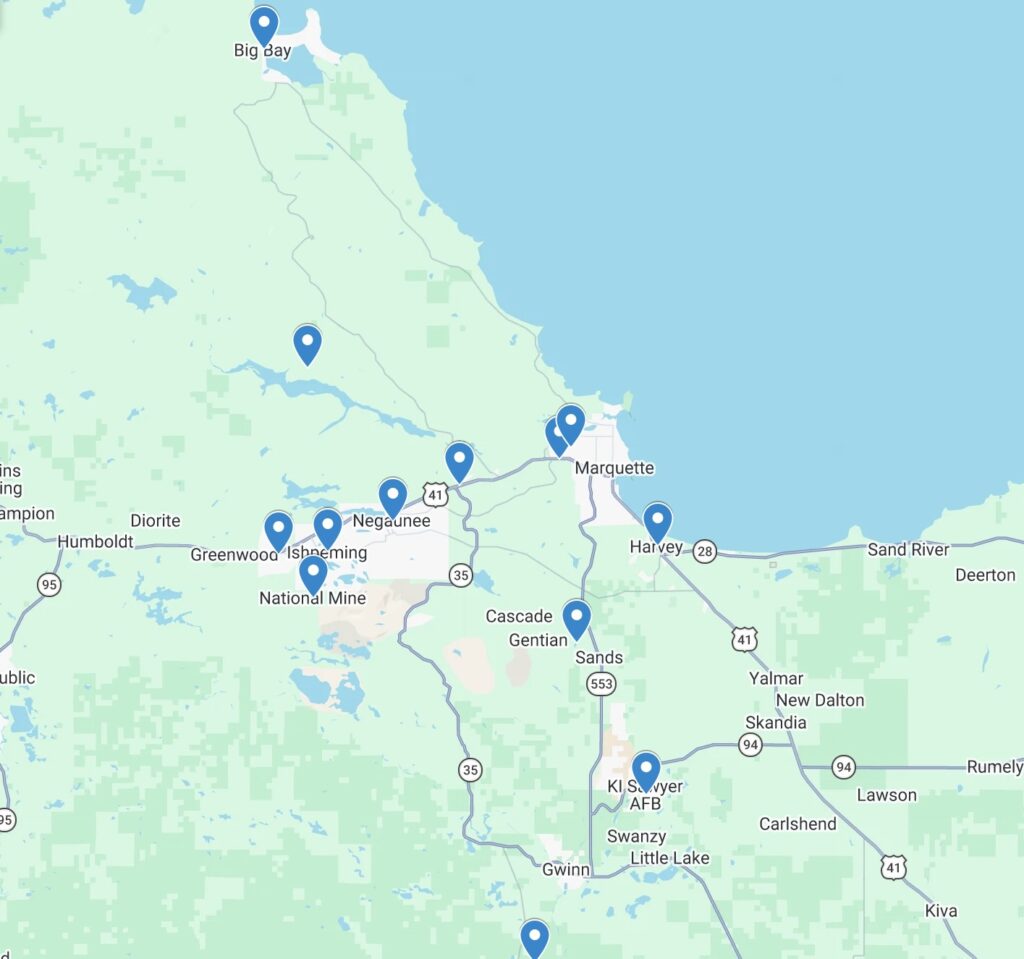 Map of Marquette County Displaying Pins On Major Cities To Demonstrate Service Area Surrounding Areas