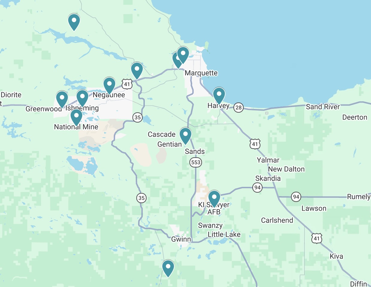 Map of Marquette County Displaying Pins On Major Cities To Demonstrate Service Area Surrounding Areas